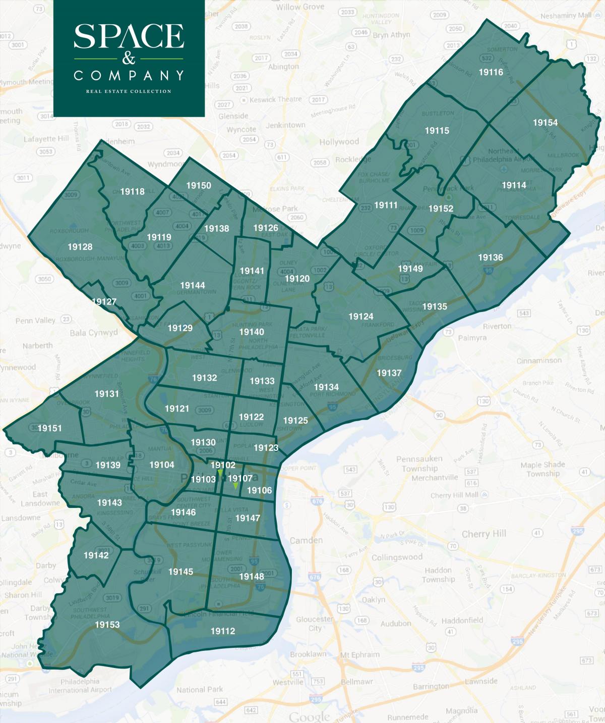 지도 필라델피아의 지역 및 우편코드